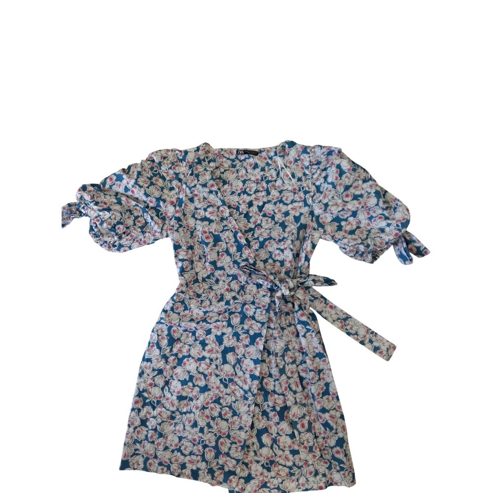 Zara Floral Wrap Mini Dress Blue Pink White Cotton Puff Sleeve XS 2493/116